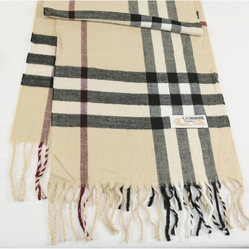 Royal Rossi 100% Mongolian Cashmere Plaid Check Scarf Tan Black White Fringe 70